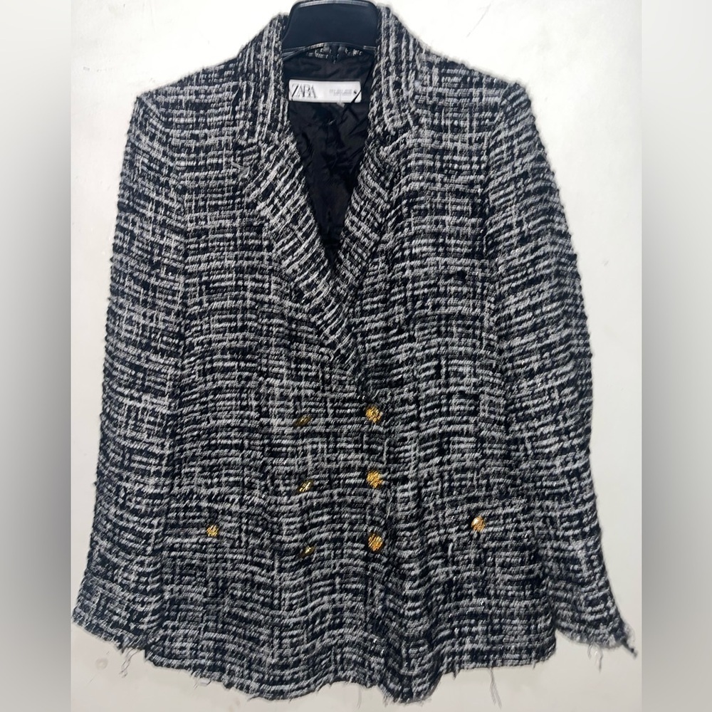 Bloggers Favorite Zara Women's DoubleBreast Tweed Textured Black & White Blazer - Picture 4 of 16